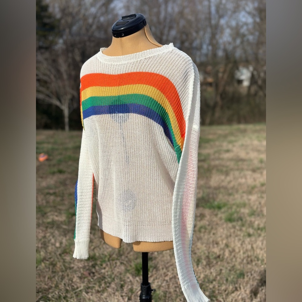 Rainbow sweater. Knit sweater. Rainbow sleeve sweater. Orange yellow green blue - Picture 2 of 8